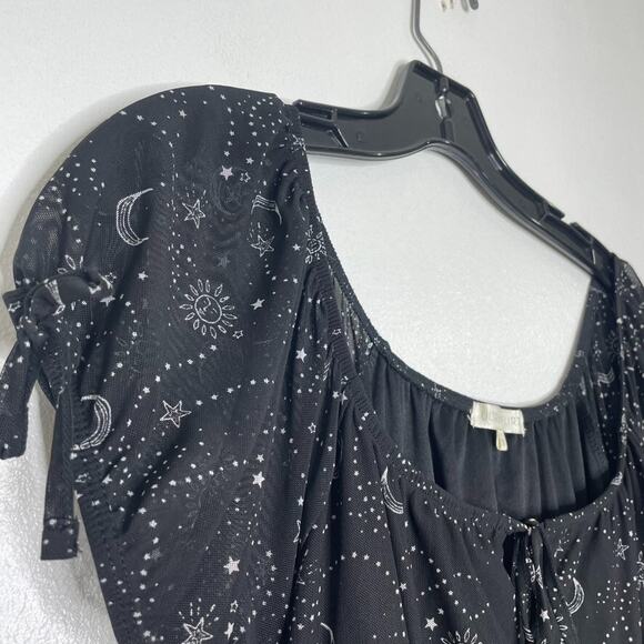 Ultra Flirt Ruched Dress M Celestial Gypsy Black Moon Stars Cottagecore Goth - Picture 2 of 7